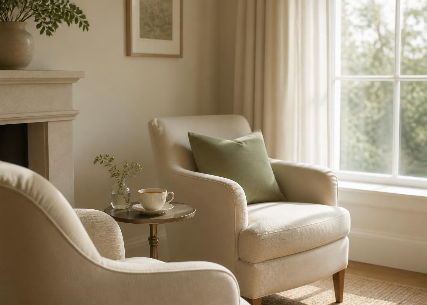 A quiet, comfortable sitting area prepared for an unhurried conversation